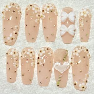 Natural pink press on nails handmade. With lots of rhinestones and flowers